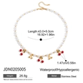 Gold stainless steel necklace with red enamel cherries and white pearl accents - Pearl Cherry Pendant Style (JDN0205005)