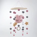 Pink plush rabbit baby mobile with wooden ring, felt stars and gray felt balls decor - New Pink Rabbit (Felt Star)
