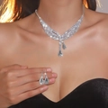 Luxury silver flower jewelry set with sparkling rhinestones and V-shape fringe necklace - V-Shaped Tassel Style (DTN14027044S)