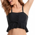 Black two-piece bikini top with criss-cross lace-up front and feminine ruffle hem - Black Criss-Cross