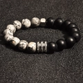 Men's beaded bracelet with brown tiger eye, matte black obsidian stones and silver charms - Map Stone Frosted 10MM