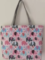 Pink canvas tote bag with colorful elephant print and gray fabric handles - Light Pink Elephant