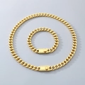 Polished gold-plated Cuban link chain necklace and bracelet set with industrial clasp - Style C Textured Clasp / 9mm Wide x 21cm Long (Bracelet) / Gold
