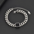 Silver stainless steel Cuban link bracelet featuring a square black enamel centerpiece - Steel Color Bracelet (N401)