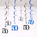 50th birthday party hanging swirls decoration in metallic silver, blue, and black colors - 50th Birthday (Blue Silver Black) / 6 Pieces Set
