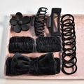 Flat lay of a 14-piece black hair accessory set with matte clips and plush bow headband - Black (16-Piece Set)