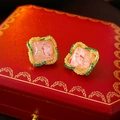 Macro detail of vintage square stud earrings with pink resin and green crystal border - Silver Pin - Pink Resin Square Stud Earrings