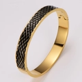 Vintage golden 304 stainless steel bangle with black enamel diamond pattern and snap clasp - Black Enamel