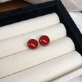 Elegant deep red sphere stud earrings in a luxury jewelry box on vintage paper - 12mm Flat Round Stud / Red