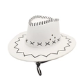 Detail of white cowboy hat featuring black cross-stitching and metal eyelets with wind cord - White