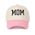 Close-up of pink and beige trucker hat featuring high-quality MOM embroidery on cotton canvas - Adjustable / Off-White and Pink