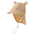 Detail of baby sun hat with cute ears, wide brim and adjustable neck protection flap - 50-52CM / Light Khaki