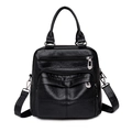 Versatile black soft leather multi-pocket backpack and handbag for women with silver hardware - Black