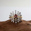 S925 silver ring with teardrop garnet and white stones on textured wood background - Natural Garnet Two-Tone Ring LR213