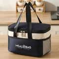 Borsa termica porta pranzo blu e beige con tasca a rete laterale e manici - Piccolo / Blu navy