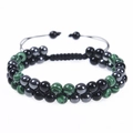 Detail view of double-layer woven beaded bracelet with adjustable cord and hematite beads - Malachite Bracelet (3 Malachite Beads) / 6mm
