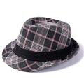 Classic British plaid fedora hat in dark grey with pink check and black ribbon band - 58cm / Black and Red Plaid