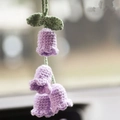 Handmade crochet hanging plant for car with purple bellflowers and green leaves - Lily of the Valley Purple