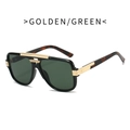 Retro square sunglasses with black frame, golden bridge and tortoiseshell temples - Black Gold Leopard Frame Dark Green Lens