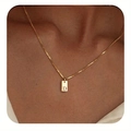 Golden box chain necklace featuring a rectangular pendant with engraved letter D on a model - Box Chain/Letter D / Gold-D