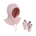 Pink knit balaclava hood with matching touchscreen gloves for winter warmth - Pink