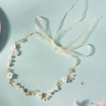 Handmade bridal hair ribbon with white clay flowers, pearls and crystals on gold wire - 3# Headband (Gold/White)