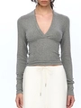 Detail of grey slim fit V-neck top showing ribbed knit texture and long sleeve design - S / Gray