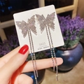 Sparkling silver butterfly long tassel earrings with S925 needles on display card - Butterfly Rhinestone Tassel / Silver