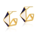 Modern 18K gold-plated brass C-shaped hoop earrings with navy blue and white enamel design - Blue White Polyhedron (KE0771-2)