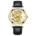 Men's golden dragon quartz watch with rhinestone markers and black leather strap - White Dial Two-tone Case Black Strap