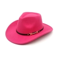 Classic pink wide brim western cowboy hat with black decorative belt and gold buckle - M (56-58cm) / Rose Red