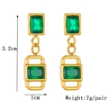 Elegant gold titanium steel earrings with square green crystals measuring 3.2cm in length - Earrings