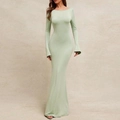 Detail of light green knit maxi dress featuring a low back tie-up design and long sleeves - XL / Light Green