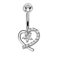 Silver stainless steel belly ring featuring a hollow heart and zircon flower pendant - Style 17