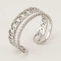 Minimalist silver double-layered open ring featuring chain and bead design elements - Adjustable Open / Silver