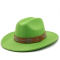 Detail of bright green wool felt fedora featuring a brown leather band with silver studs - M (56-58cm) / Fruit Green