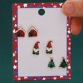 Christmas stud earring set featuring red house, gnome, and glittery tree on white card - Snow House/Christmas Gnome/Glitter Tree 3-Pair Set (KC Gold 4896)