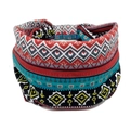 Close-up detail of bohemian geometric pattern on elastic ethnic style sports headband - Teal