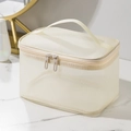 Beige mesh cosmetic bag with top handle and dual zippers for travel organization - Single Layer / Beige