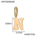 Detailed view of golden stainless steel letter N charm with dimensions 0.88cm by 0.75cm - Letter-N / Gold