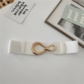 White elastic waist belt with textured gold oval metal buckle for women dresses - White