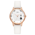 Fashionable women's quartz watch with rose gold case, white leather strap and girl motif - White