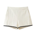 Women's cream pleated casual shorts with black geometric embroidery and high waist - Embroidered Ruched Shorts