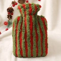 Plush Christmas hot water bottle cover with festive red and green striped faux fur - 2000ml / Green and Red Striped Christmas Style