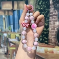 Handmade beaded keychain with pink YOT letter charm and colorful acrylic pearls - YOT Letter Pink Combo