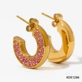 Gold-plated C-shaped hoop earrings featuring two rows of sparkly pink rhinestones - Gold with Pink Stone (KDE1266)