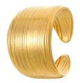 Golden wide open cuff bracelet with vertical textured ridges and a retro industrial finish - Vertical Stripe Industrial Style (8418)