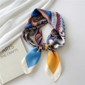 Navy and ginger paisley silk scarf with satin finish in a stylish knotted display - Tri-Color Paisley Blue Yellow
