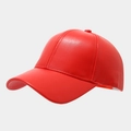 Detailed view of glossy red PU leather baseball cap with premium stitching and texture - Adjustable / Red