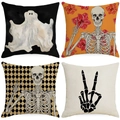 Set of 4 linen Halloween pillow covers featuring ghost and skeleton victory hand patterns - Halloween Series 4-Piece Set-11